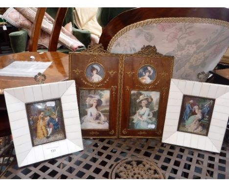A PAIR OF PIANO KEY FRAMES containing miniatures of courting couples and a brass mounted frame with Gainsborough prints