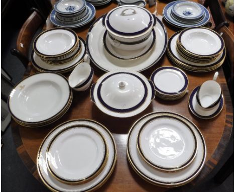 A COLLECTION OF SPODE "KNIGHTSBRIDGE" DINNER WARE and similar blue and gilt banded dinnerware