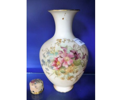 A ROYAL WORCESTER BLUSH IVORY VASE, 19 cm high and a similar lid