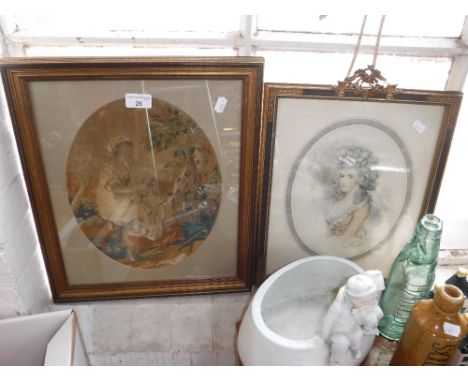 A REGENCY SILKWORK PICTURE depicting a woman with sheep and a Gainsborough print (2)