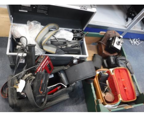 A COLLECTION OF VINTAGE CAMERAS to include; a Coronet Ambassador, Canon sure shot, Halina 260 and a JVC movie camera