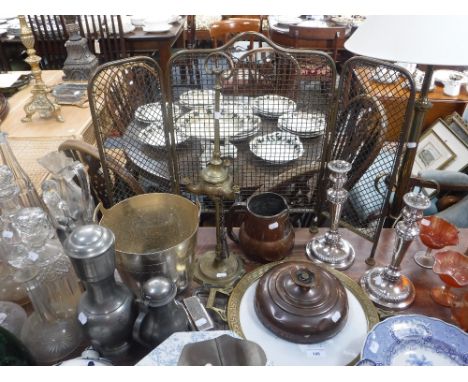 A BRASS TRAY with ceramic centre, a pair of plated candlesticks (fitted for electricity) and similar metalware