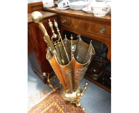 A COLLECTION OF VICTORIAN BRASS FIRE TOOLS and similar metalware