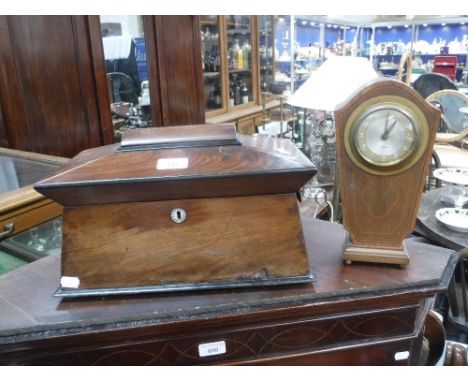 A 19TH CENTURY MAHOGANY TEA CADDY and an Edwardian mantle clock (with later movement)