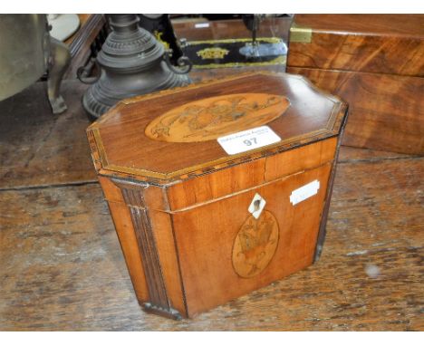 A GEORGE III TEA CADDY with marquetry inlay, 14.5 cm high