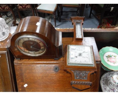 A 1950S WALNUT MANTEL CLOCK and a barometer (2)