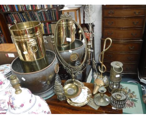 A BRASS DOOR STOP in the form of a fox's head, a miner's lamp and similar metalware