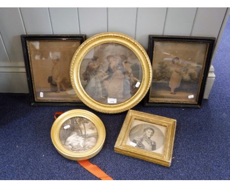 A STIPPLE PRINT in a round gilt frame and other similar prints