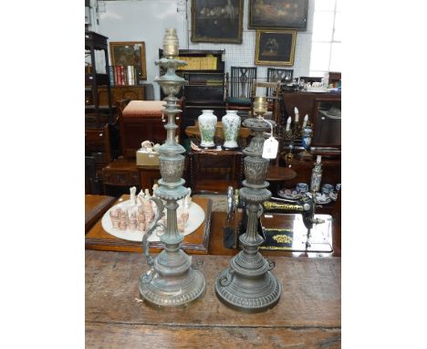 A PATINATED BRASS TABLE LAMP of classical form and another similar