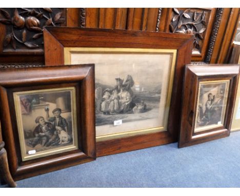 A PAIR OF 19TH CENTURY PRINTS contained in matching rosewood frames and another Victorian print in a rosewood frame