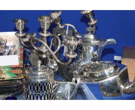 FOUR PIECE SILVER PLATED TEA SERVICE
together with other silver plate, including a Victorian biscuit barrel with glass liner