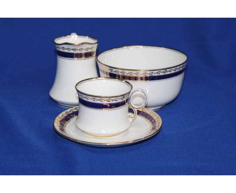 ROYAL ALBERT BLUE AND GILT DECORATED TEASET
comprising 11 cups, 12 saucers, 10 side plates, 2 biscuit plates, sugar and cream