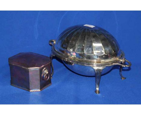 SILVER PLATED BREAKFAST DISH
together with a silver plated tea caddy 