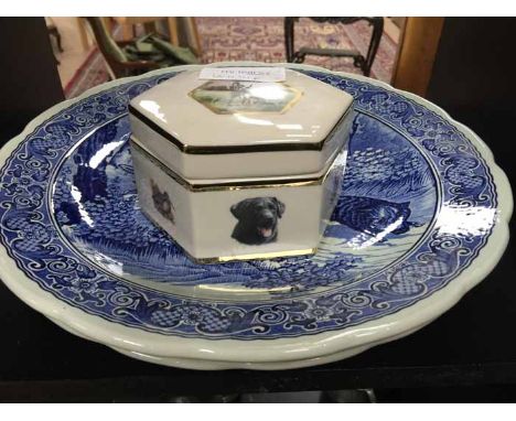 HUNTING INTEREST - TWO BOCH BLUE AND WHITE WALL PALTES, 
depicting boar and stag hunts and a hexagonal trinket box by Pointer