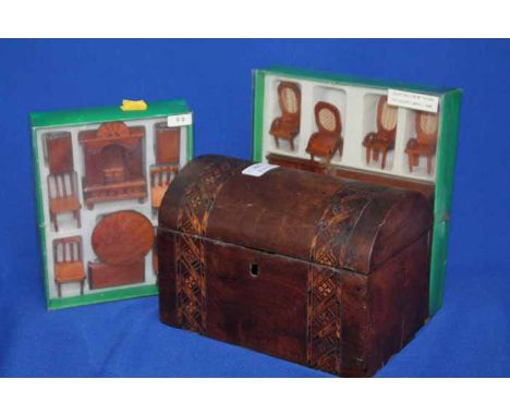MAHOGANY INLAID TRINKET BOX 
together with four boxes of dolls' house furniture 
