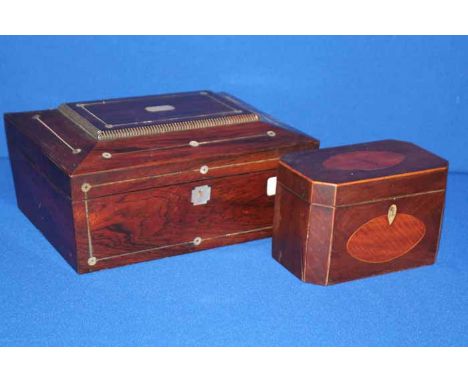 ROSEWOOD STATIONARY BOX
with mother of pearl inlay, together with a rosewood tea caddy (2)