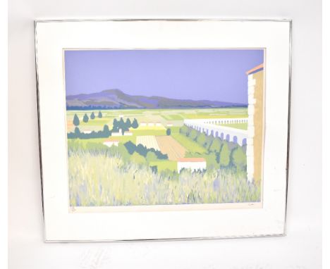 ROBERT BUHLER (1916-1989); colour lithograph print, scene depicting an aqueduct through ploughed fields, signed, limited edit