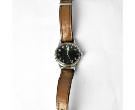 LONGINES; a WWII military wristwatch, the black dial set with Roman numerals, watch marked with broad arrow to the back and n