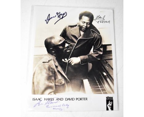 ISAAC HAYES; a black and white photograph bearing his signature and those of David Porter and Jim Stewart, founder of Stax Re