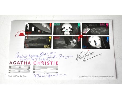 POIROT; a first day cover bearing the signatures of David Suchet, Hugh Fraser, Philip Jackson and Pauline Moran.We have not a