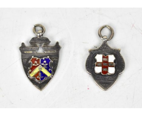 CRICKET INTEREST; two Edwardian silver and enamel cricket prize fobs awarded to F. Ellis, one dated 1908, the other dated 190