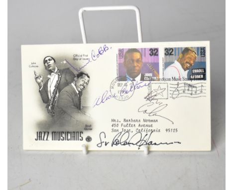 JAZZ MUSIC; a first day cover bearing several signatures, including Alice Coltrane, Paul Coltrane and Roland Hanna.We have no