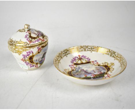 MEISSEN; a 19th century hand painted chocolate cup with cover, with rose finial and matching saucer, each hand painted with v