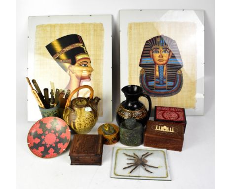 A mixed lot of collectible items, to include a Japanese cast metal tea caddy with dragon decoration, five various wooden boxe