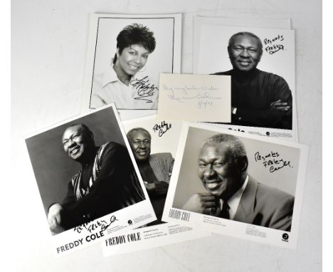 NATALIE COLE; two black and white photograph cards bearing her signature and that of Maria Cole, also four black and white ph