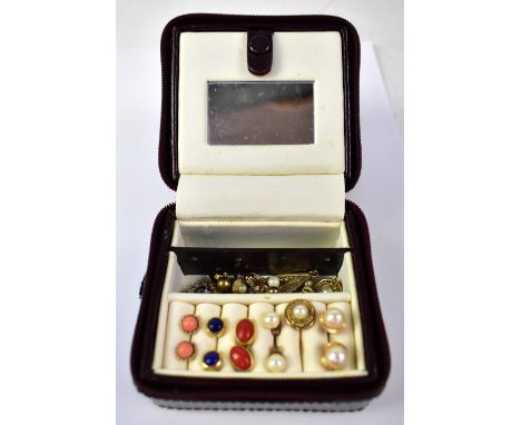 Various yellow metal and gold stud and drop earrings to include a pair of coral colour studs, a pair of 15ct yellow gold drop