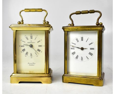 BOODLE & DUNTHORNE; a brass cased carriage clock, retailed by Bornand Frères Montbeliard, the enamelled dial set with Roman a