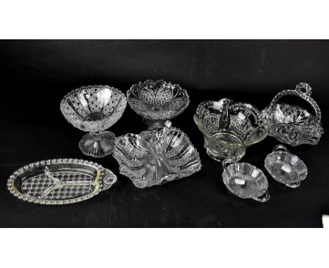 A collection of 19th century pressed clear and lilac tone glassware, mostly from the North East, to include baskets, dishes, 