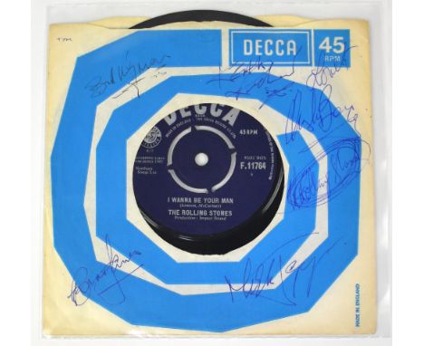 THE ROLLING STONES; a 45rpm single 'I Wanna Be Your Man', bearing the signatures of Bill Wyman, Brian Jones, Mick Jagger, Kei