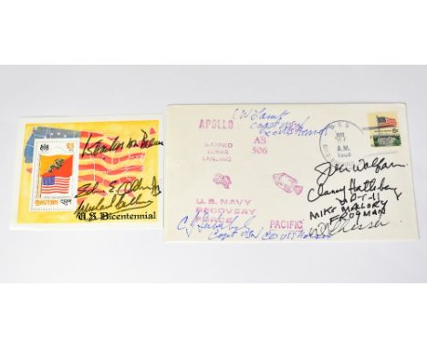 SPACE EXPLORATION; an Apollo 11 Bhutan stamp bearing the signatures of Wernher Von Braun, Buzz Aldrin and Mihael Collins, als