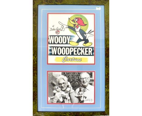 WOODY WOODPECKER; a framed montage comprising a 'Woody Woodpecker Cartune' (sic) poster, above a black and white photograph b