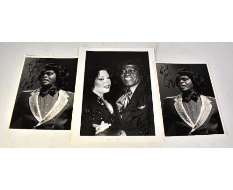 JAMES BROWN; three black and white photographs, each bearing the star's signature (3).We have not authenticated these signatu