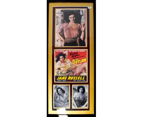 THE OUTLAW; a framed montage comprising a small advertising poster for the film, below a coloured photograph bearing the sign