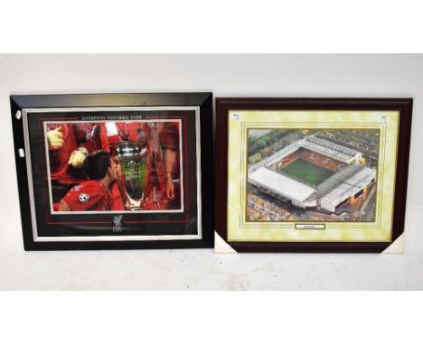 LIVERPOOL FOOTBALL CLUB; a photographic print of Steven Gerrard kissing the European Champions Trophy, 27 x 39cm, together wi