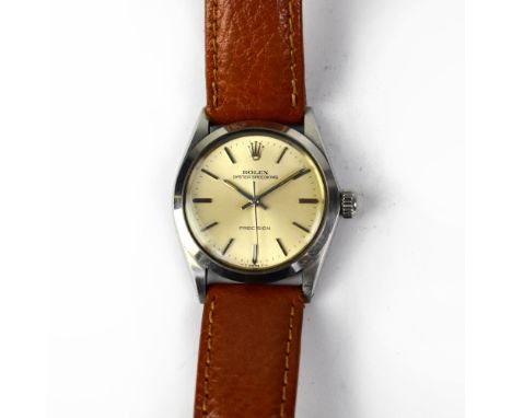 ROLEX; an Oyster Speedking Precision wristwatch, the silvered dial set with baton numerals, manual wind, on a brown leather s