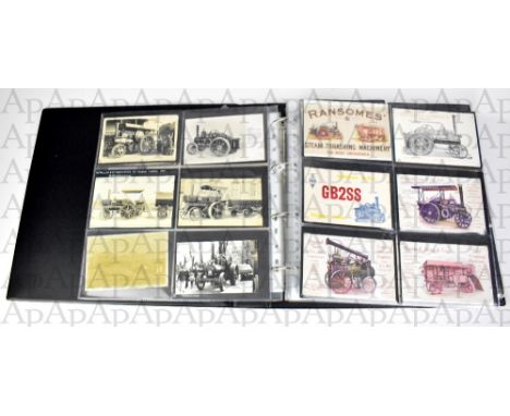 POSTCARD ALBUM; an album of vintage postcards and photographic images, mostly traction engines to include, farm use, haulage,