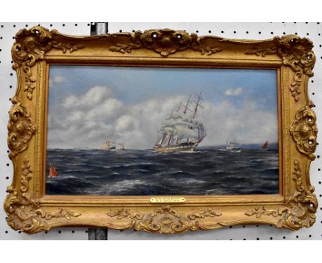 W J MANDER; oil seascape 'In the Mersey Estuary', 26 x 46cm, framed, with brass plaque to frame inscribed 'The Mersey Estuary