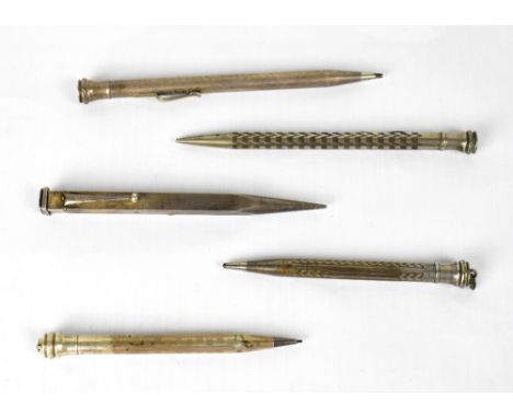 Two silver propelling pencils with engine turned decoration, together with three silver plated examples (5).
