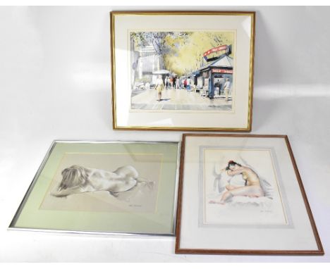 JOHN RATCLIFFE (British, 20th century): watercolour 'La Rambla, Barcelona', signed, titled verso, 33 x 44cm, together with tw