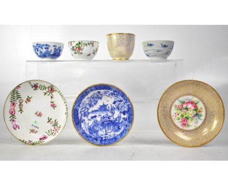 Two English tea bowls and matching saucers, one in blue and white gilt-heightened Chinoiserie style, one hand painted floral 