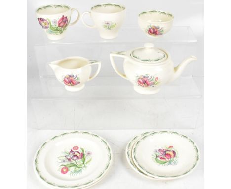 SUSIE COOPER; a bachelors' tea service in the 'Parrot Tulip' pattern, E2396, comprising teapot, milk jug, sugar bowl, tea cup