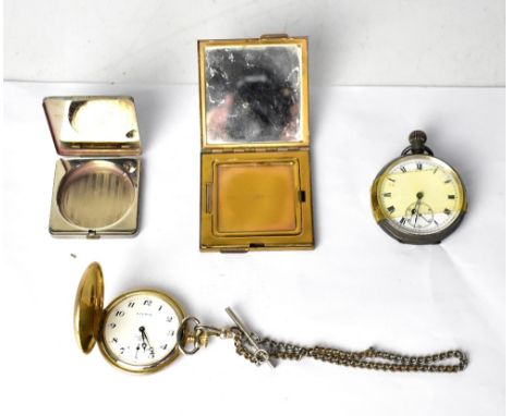 EVERITE; a yellow metal pocket watch, the white dial set Arabic numerals and subsidiary dial, a white metal watch chain, one 