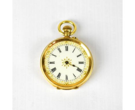 An 18ct gold fob watch, the enamelled dial set with Roman numerals, engine turned decoration to the case, width 3cm, stamped 