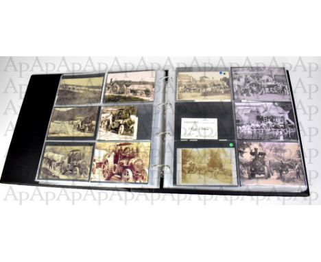 POSTCARD ALBUM; an album of vintage postcards and photographic images, mostly steam traction engines, also some enlarged copi