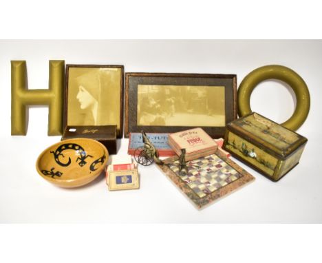 A group of miscellanea to include vintage playing cards, a marble chessboard and box of chess pieces, a vintage game of 'Tut 