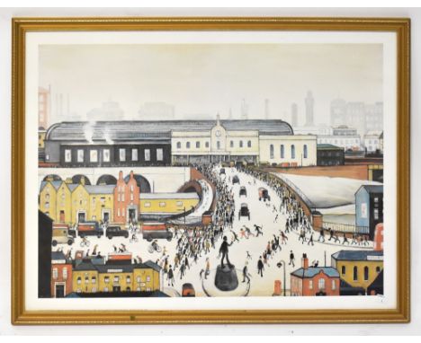LAURENCE STEPHEN LOWRY RBA RA (1887-1976); a print 'Station Approach Manchester 1950', 54 x 76cm, framed and glazed.
